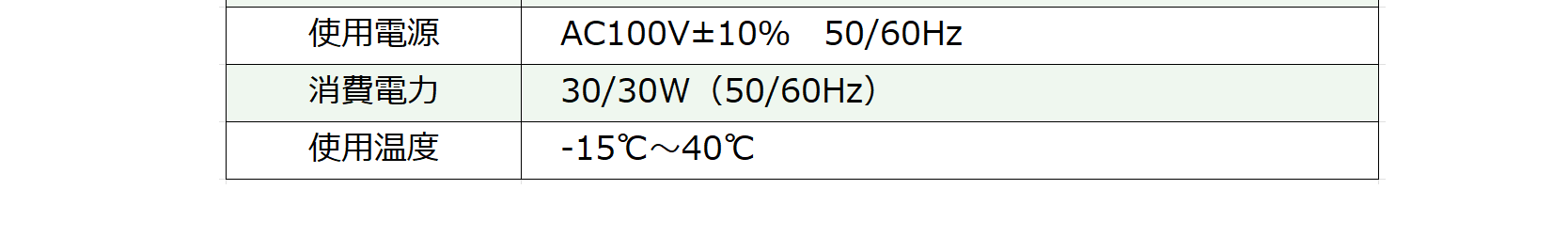 使用電源：AC100V±10％ 50/60Hz　消費電力：30/30W（50/60Hz）　使用温度：-15℃～40℃