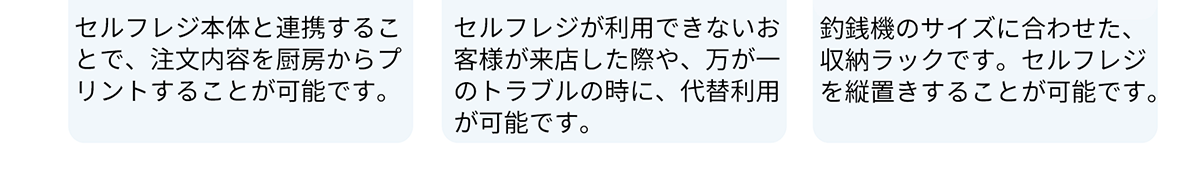 レジスター連携プリンター　セルフレジ本体と連携することで、注文内容を厨房からプリントすることが可能です。 バックアップレジ　セルフレジが利用できないお客様が来店した際や、万が一のトラブルの時に、代替利用が可能です。 釣銭格納筐体　釣銭機のサイズに合わせた、収納ラックです。セルフレジを縦置きすることが可能です。