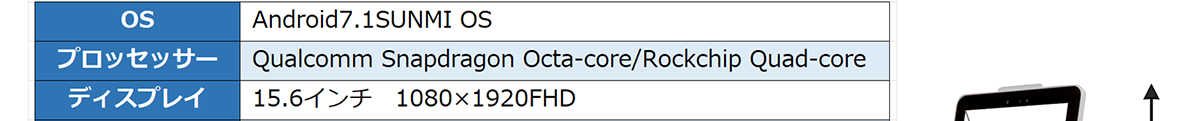 OS-Android7.1SUNMI OS　 プロッセッサー-Qualcomm Snapdragon Octa-cote/Rockchip Quad-core ディスプレイ-15.6インチ 1080×1920FHD