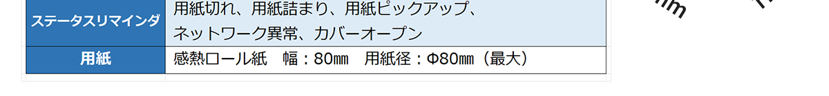 ステータスリマインダ-用紙切れ,用紙詰まり,用紙ピックアップ,ネットワーク異常,カバーオープン 用紙-感熱ロール紙,幅：80㎜,用紙径：Φ80㎜（最大）