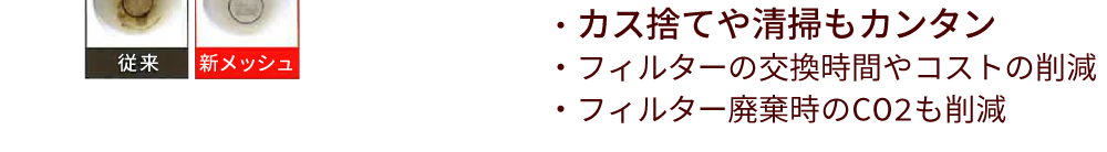 従来　新メッシュ　・カス捨てや清掃もカンタン・フィルターの交換時間やコストの削減・フィルター廃棄時のCO2も削減