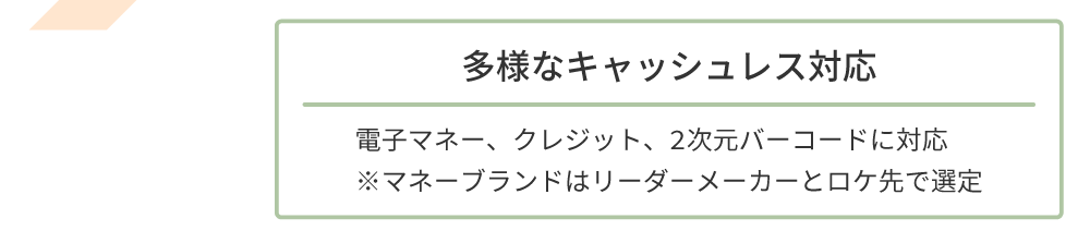 多様なキャッシュレス対応　電子マネー、クレジット、2次元バーコードに対応　※マネーブランドはリーダーメーカーとロケ先で選定