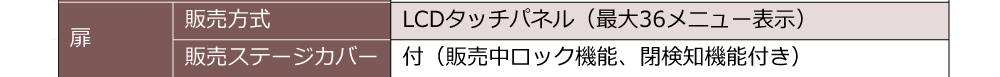 扉 販売方式:LCDタッチパネル（最大36メニュー表示） 販売ステージカバー;付（販売中ロック機能、閉検知機能付き）