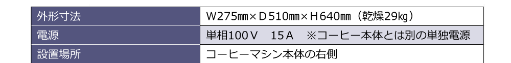 外形寸法:Ｗ275㎜×Ｄ510㎜×Ｈ640㎜（乾燥29㎏）　電源:単相100Ｖ　15Ａ　※コーヒー本体とは別の単独電源　設置場所;コーヒーマシン本体の右側